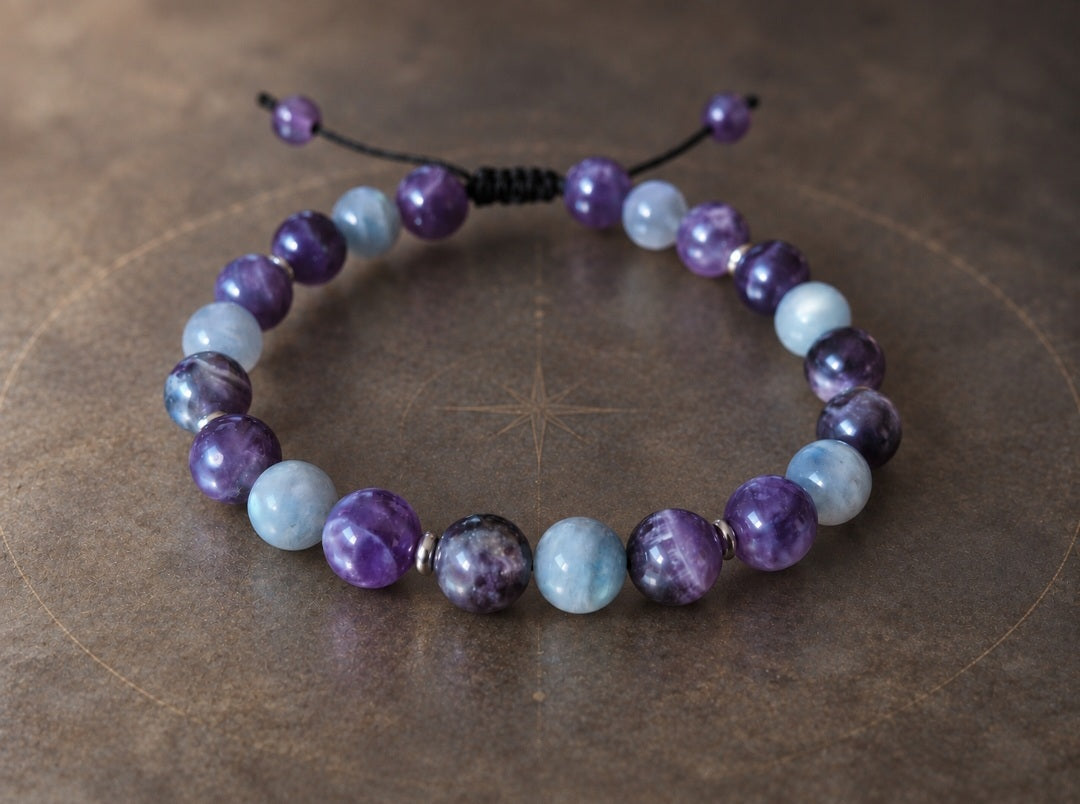 Bracelet réglable en Améthyste & Labradorite 8mm