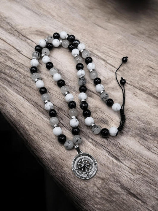 Collier Boussole Onyx, Howlite & Quartz Tourmaline  8mm