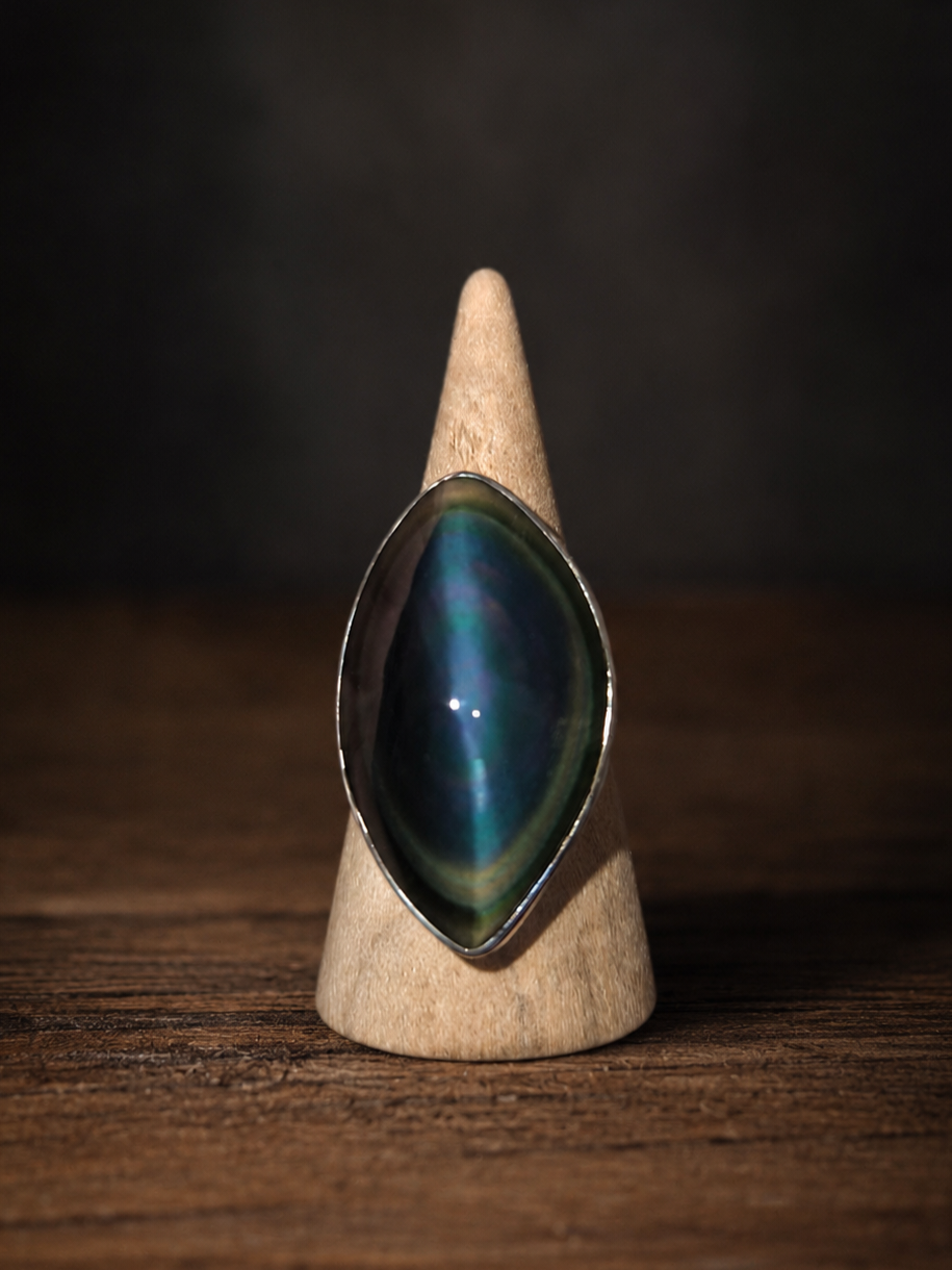 Bague argent Obsidienne oeil celeste réglable