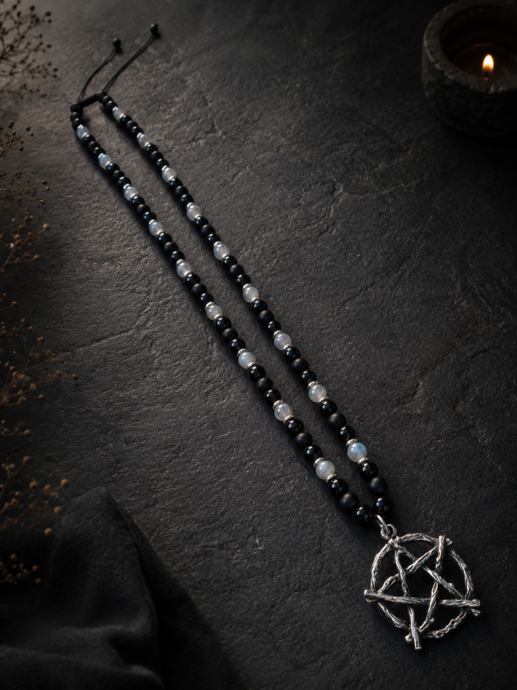 Collier pentacle Onyx, Obsidienne oeil celeste et Labradorite